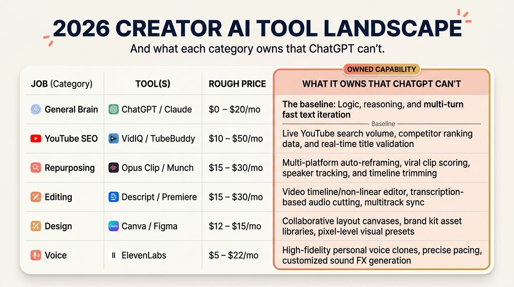 2026 creator AI tool landscape and what each tool owns