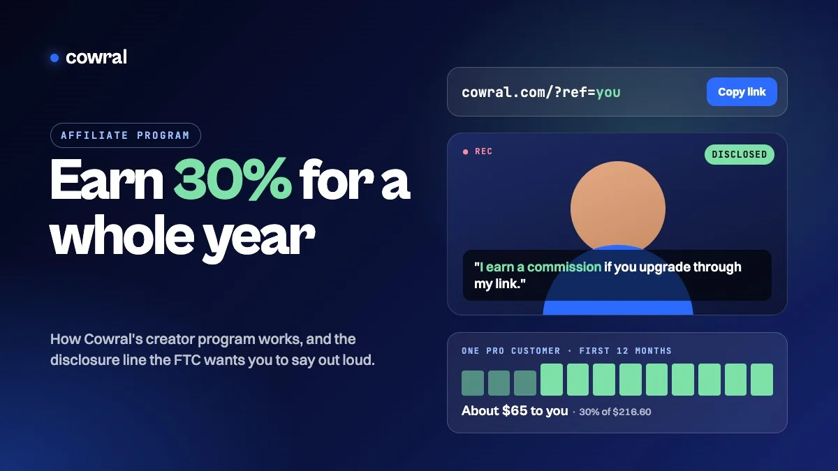 Cowral affiliate program cover: a referral link, a video caption saying "I earn a commission if you upgrade through my link", and 12 monthly bars adding up to about $65 for one Pro customer