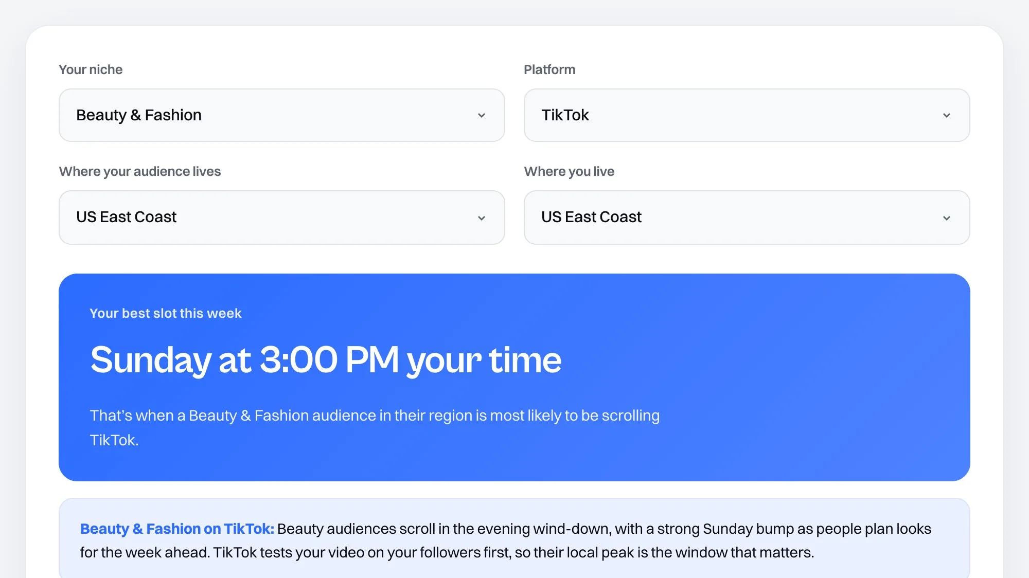 Cowral Best Time to Post set to Beauty and Fashion, TikTok, US East Coast, showing Sunday at 3:00 PM as the best slot