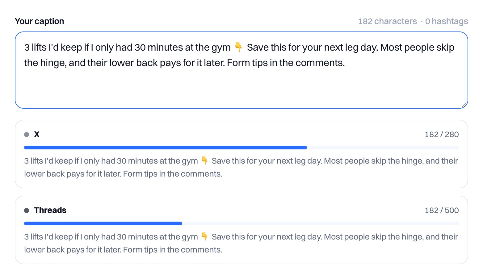 Cowral Caption Fit Checker showing a 182-character gym caption and where Instagram cuts it off with more