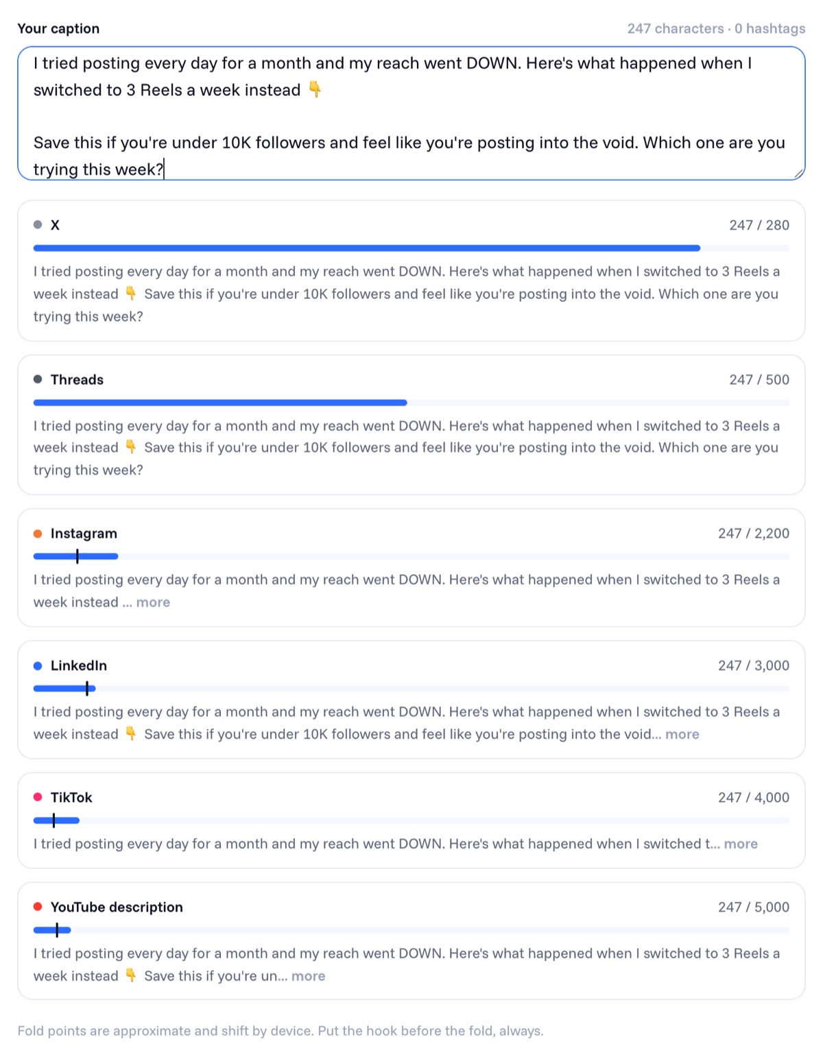 Cowral Caption Fit Checker showing where X, Threads, Instagram, LinkedIn, TikTok and YouTube cut off the same caption