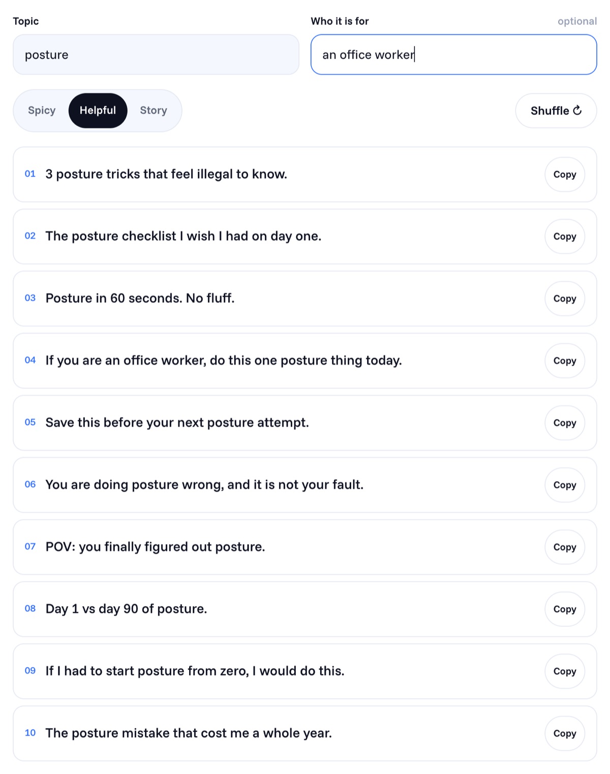 Cowral Hook Generator showing ten helpful hook ideas for the topic posture, written for an office worker