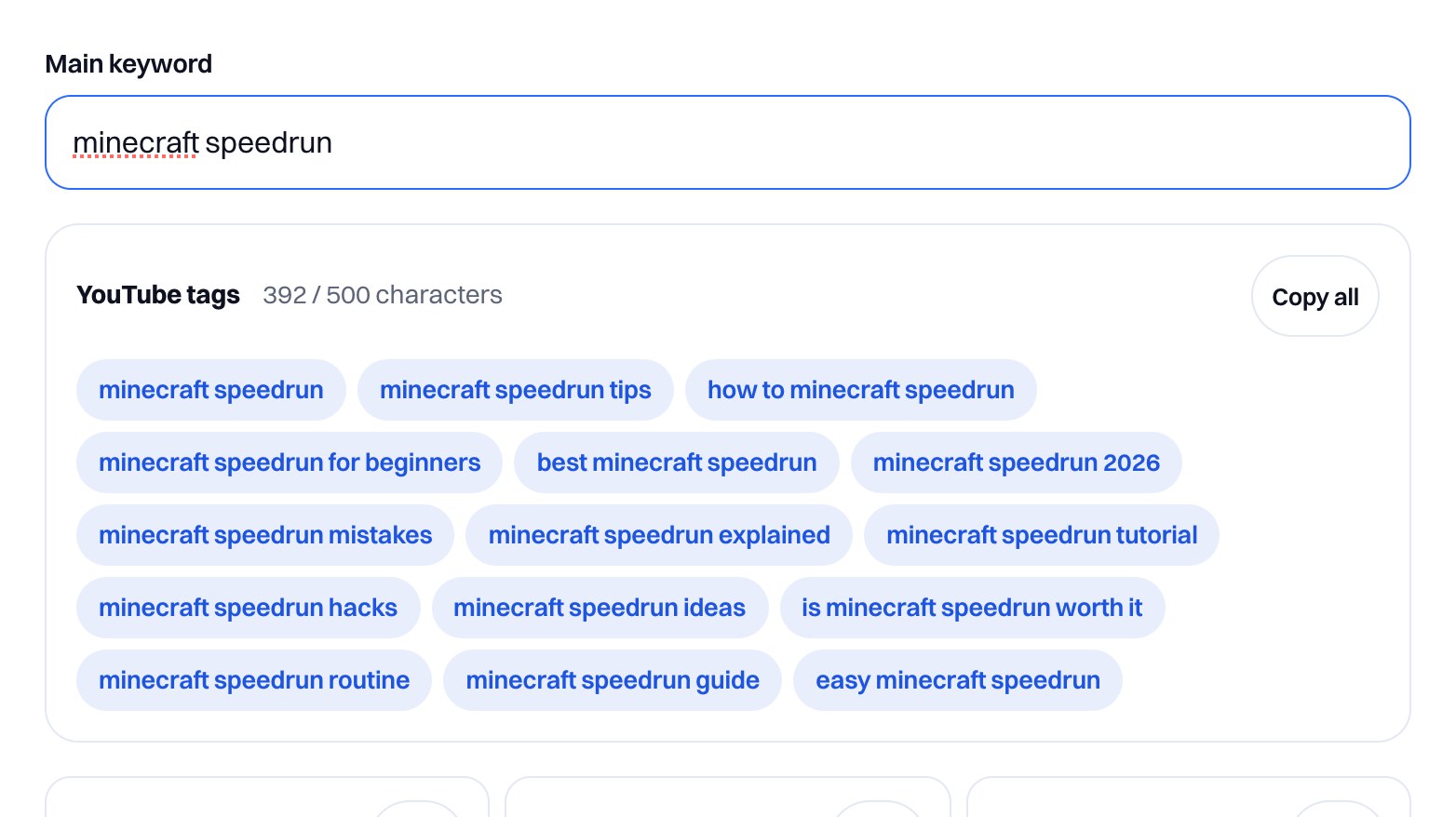 Cowral Tag and Hashtag Generator showing YouTube tags and TikTok, Instagram and YouTube hashtags for minecraft speedrun