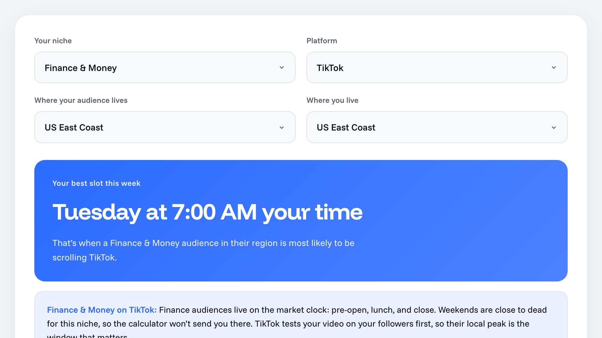 Cowral Best Time to Post calculator showing Tuesday at 7 AM as the best TikTok slot for a finance audience on the US East Coast