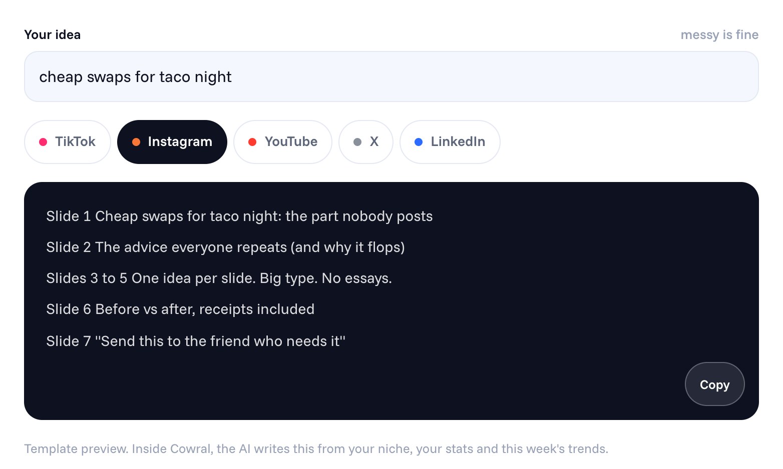 Cowral Cross-post Remixer turning the idea cheap swaps for taco night into a 7-slide Instagram carousel outline