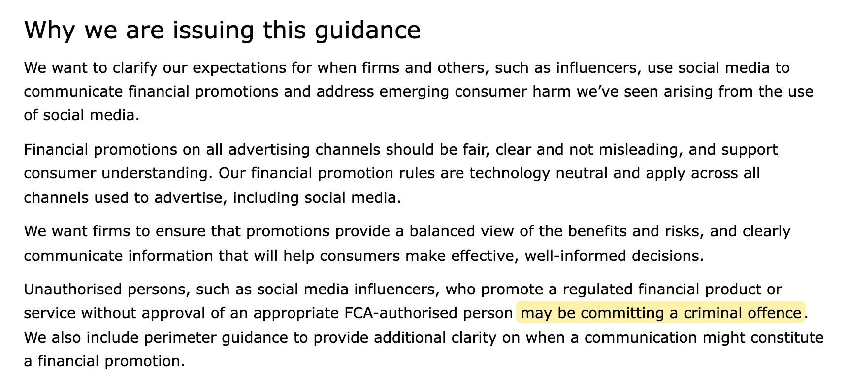 FCA guidance FG24/1 saying social media influencers who promote a regulated financial product without approval may be committing a criminal offence