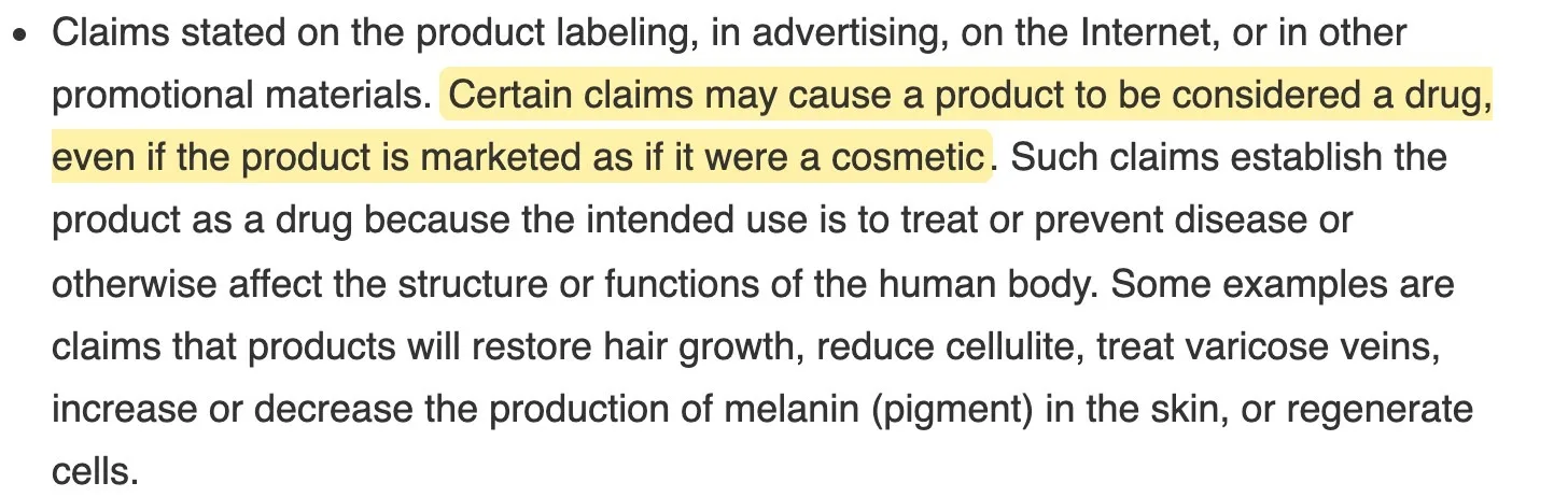FDA page saying certain claims may cause a product to be considered a drug even if it is marketed as a cosmetic, with examples like restoring hair growth and regenerating cells