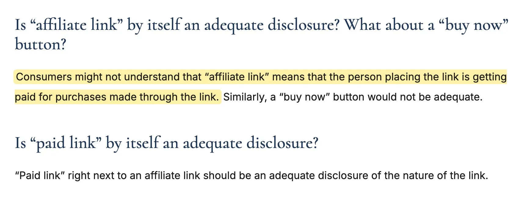 FTC guidance saying consumers might not understand that "affiliate link" means the person is paid, highlighted