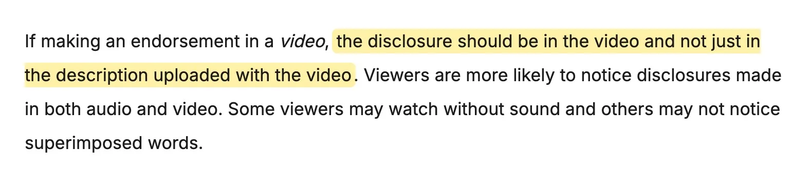 FTC guidance saying a video disclosure should be in the video, not just the description, highlighted