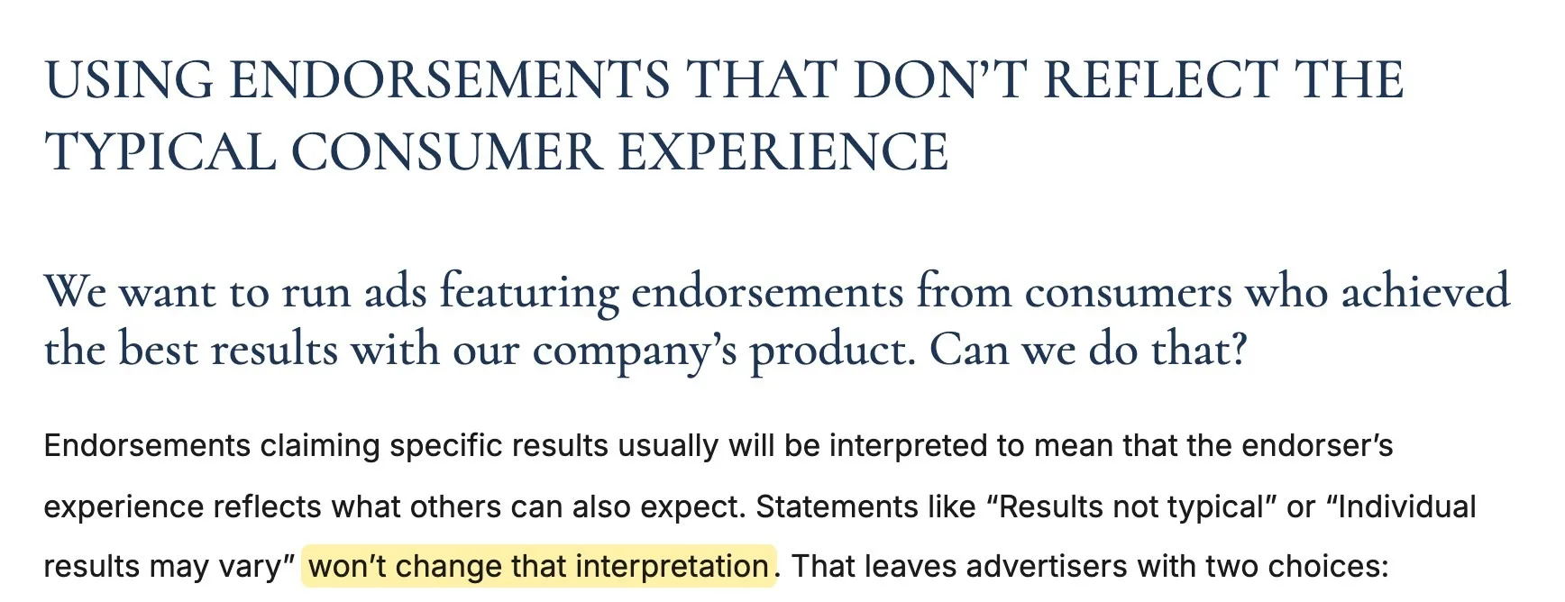 FTC Endorsement Guides FAQ saying statements like Results not typical or Individual results may vary won't change how results claims are interpreted