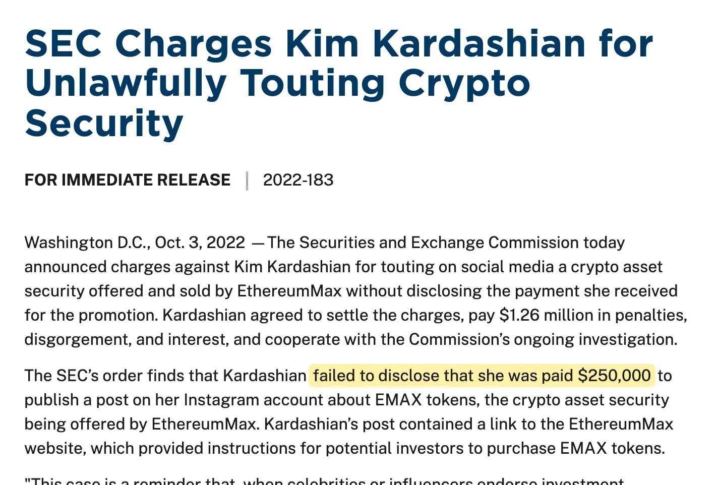 SEC press release 2022-183 announcing charges against Kim Kardashian, who failed to disclose she was paid 250,000 dollars for an Instagram post