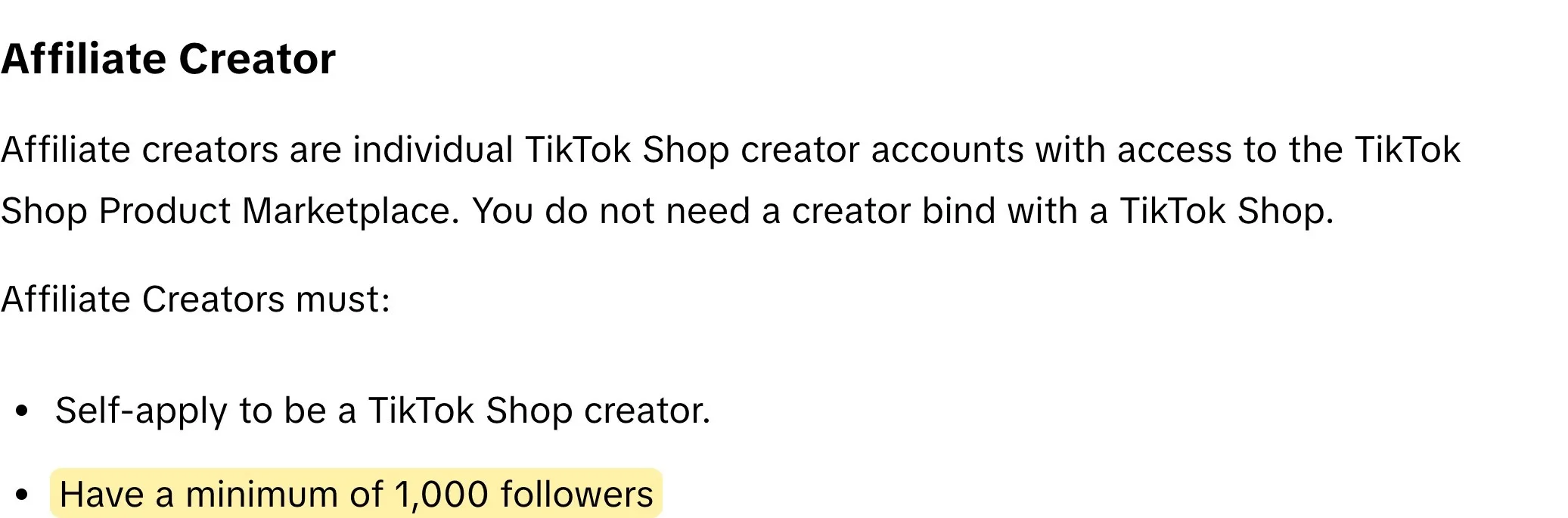 TikTok Shop US Creator Eligibility Policy saying affiliate creators must self-apply and have a minimum of 1,000 followers