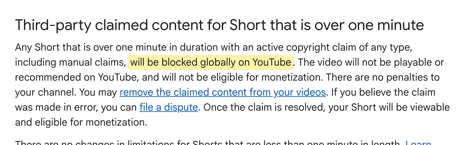 YouTube Help page saying any Short over one minute with an active copyright claim will be blocked globally on YouTube