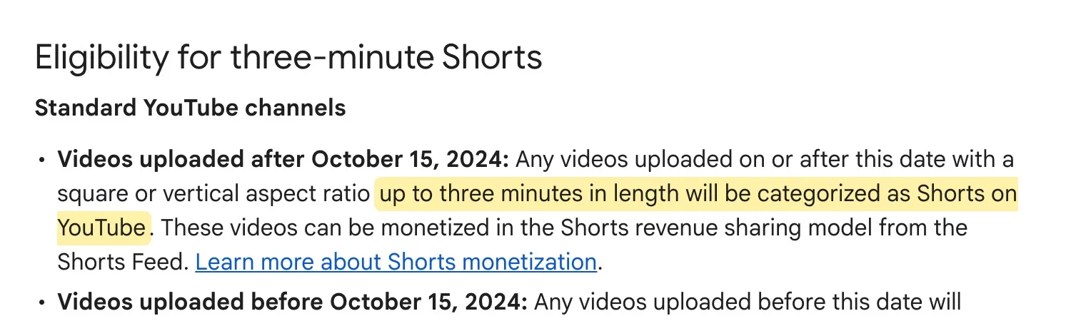 YouTube Help saying videos uploaded after October 15, 2024 with a square or vertical aspect ratio up to three minutes long are categorized as Shorts
